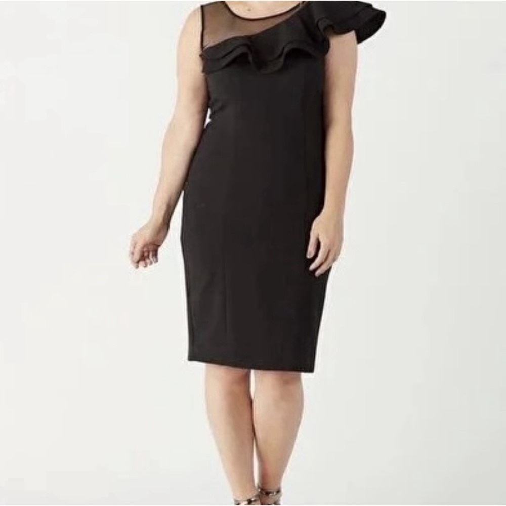 Joseph Ribboff Sheath Cocktail Dress LBD Womens 12 Black Asymmetrical Neckline